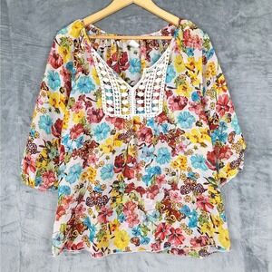 Womens Top Large Boho Crochet Butterflies Floral Sheer Feminine Peasant Festival